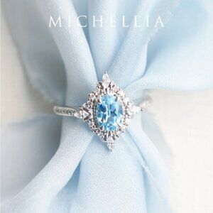 14K White Gold Aquamarine Diamond Ring and Band - Michellia - Size 5 3/4
